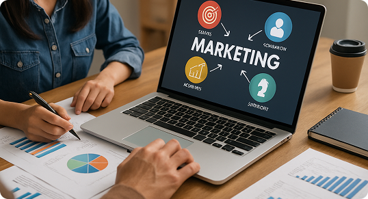 photo of people working in laptop about marketing stuff